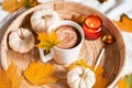 Cup with Hot Chocolate Autumn Time Pumpkin Yellow Leaves Candle