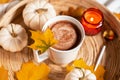 Cup with Hot Chocolate Autumn Time Pumpkin Yellow Leaves Candle