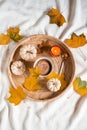 Cup with Hot Chocolate Autumn Time Pumpkin Yellow Leaves Candle