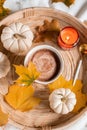 Cup with Hot Chocolate Autumn Time Pumpkin Yellow Leaves Candle