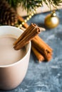 Cup Of Hot Chocolate With Christmas Decorations On The Rustic Background