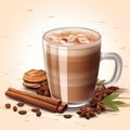 a cup of hot chocolate with cinnamon and star anise on a beige background