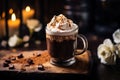 A cup of hot chocolate luxuriously topped with whipped cream.