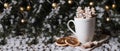 Cup of hot chocolate with marshmallow and gingerbread cookies, christmas tree branches and lights on background Royalty Free Stock Photo