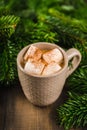 Cup of hot chocolate with marshmallow on the wooden table. Christmas decorations. Selective focus. Shallow depth of field Royalty Free Stock Photo