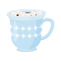 Cup of hot chocolate with marshmallows. Blue ceramic mug with snowflakes print. Flat vector icon Royalty Free Stock Photo