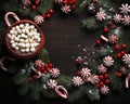 Cup of hot chocolate with marshmallows, candy canes and fir branches on wooden background.