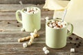 Cup of hot chocolate with marshmallows on grey wooden background Royalty Free Stock Photo