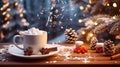 Cup of hot chocolate with marshmallows on a rustic wooden table, cozy Christmas atmospher