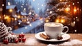 Cup of hot chocolate with marshmallows on a rustic wooden table, cozy Christmas atmospher