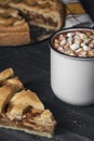 Cup of hot chocolate with mini marshmallows and a piece of apple pie on a rustic table. American traditional desserts. Breakfast