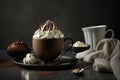 a cup of hot chocolate with whipped cream on a saucer and a spoon on a table with a cloth and a cup Royalty Free Stock Photo