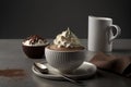 a cup of hot chocolate with whipped cream and a spoon on a plate next to a cup of coffee and a mug o Royalty Free Stock Photo