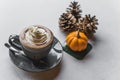 a cup of hot chocolate with whipped cream, tiny pumpkin and three pine cones next to it, winter mood