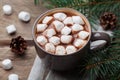 Cup of hot chocolate on wooden rustic table. Delicious winter drink.