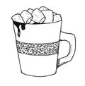 Cup of hot cocoa coffee with marshmallow graphics black and white illustration