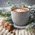 Cup of hot cocoa or hot chocolate on knitted background with fir tree and snow effect, traditional beverage for winter time Royalty Free Stock Photo