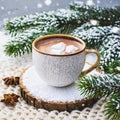 Cup of hot cocoa or hot chocolate on knitted background with fir tree and snow effect, traditional beverage for winter time Royalty Free Stock Photo