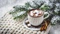 Cup of hot cocoa or hot chocolate on knitted background with fir tree and snow effect, traditional beverage for winter time Royalty Free Stock Photo