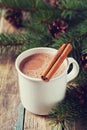 Cup of hot cocoa or hot chocolate on wooden background with fir tree and cinnamon sticks, traditional beverage for winter time Royalty Free Stock Photo