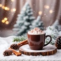 Cup of Hot Cocoa on Knitted Background with Fir Tree and Snow Effect Royalty Free Stock Photo