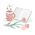 A cup of hot cocoa with marshmallow, open book, and tulips. Concept of love, hygge, and happy morning. Hand drawing