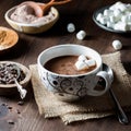 A cup of hot cocoa with marshmallows and chocolate and spice ingredients.