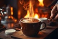 Cup hot coffee beans cozy cafe evening relaxation calm tasty drink cocoa latte cappuccino americano espresso barista Royalty Free Stock Photo