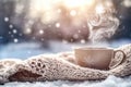 Cup of hot coffee and a blanket, set against a snowy landscape. Generative Ai Royalty Free Stock Photo