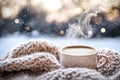 Cup of hot coffee and a blanket, set against a snowy landscape. Generative Ai Royalty Free Stock Photo