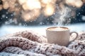 Cup of hot coffee and a blanket, set against a snowy landscape. Generative Ai Royalty Free Stock Photo