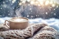Cup of hot coffee and a blanket, set against a snowy landscape. Generative Ai Royalty Free Stock Photo