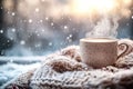Cup of hot coffee and a blanket, set against a snowy landscape. Generative Ai Royalty Free Stock Photo
