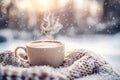 Cup of hot coffee and a blanket, set against a snowy landscape. Generative Ai Royalty Free Stock Photo