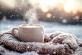 Cup of hot coffee and a blanket, set against a snowy landscape. Generative Ai Royalty Free Stock Photo