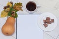 Cup of hot coffee, chocolate, autumn leaves, acorns, knitted scarf, pumpkin, notebook on a background. Top view, flat Royalty Free Stock Photo