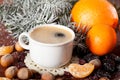 Cup of hot coffee with Christmas decorations Royalty Free Stock Photo