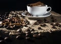 Cup of hot coffee, cinnamon, star anise,lemon and coffee beans Royalty Free Stock Photo
