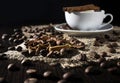 Cup of hot coffee, cinnamon, star anise,lemon and coffee beans Royalty Free Stock Photo