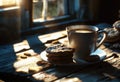 Cup of hot coffee and cookies on a wooden table Royalty Free Stock Photo