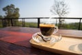 Cup of hot coffee with hot steam, rest for coffee in the morning on the old wooden table Royalty Free Stock Photo