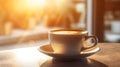 A cup of hot coffee latte on the table near window in the cafe with morning sunlight, background with copy space, close up shot. Royalty Free Stock Photo