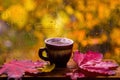 Cup of hot coffee on a rainy autumn window Royalty Free Stock Photo