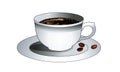 Cup of hot coffee on saucer. Coffee beans on the plate. Refreshing flavored drink. Coffee with milk. Natural brewed coffee in Turk