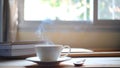 A cup of hot coffee smoke and a book, computer on wood table