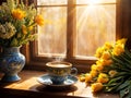 A cup of hot coffee stands on the windowsill. The room is illuminated by warm sunlight. Nearby lie bouquets of flowers, mostly