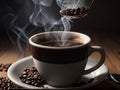 Cup of hot coffee with steam and coffee beans on wooden table Royalty Free Stock Photo