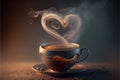 A cup of hot coffee, steam in the shape of a heart. AI generated