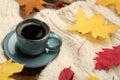 Cup of hot coffee, sweater and autumn leaves on table, space for text Royalty Free Stock Photo