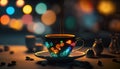 Cup of hot coffee on table with colorful steam, magical atmosphere in coffee house